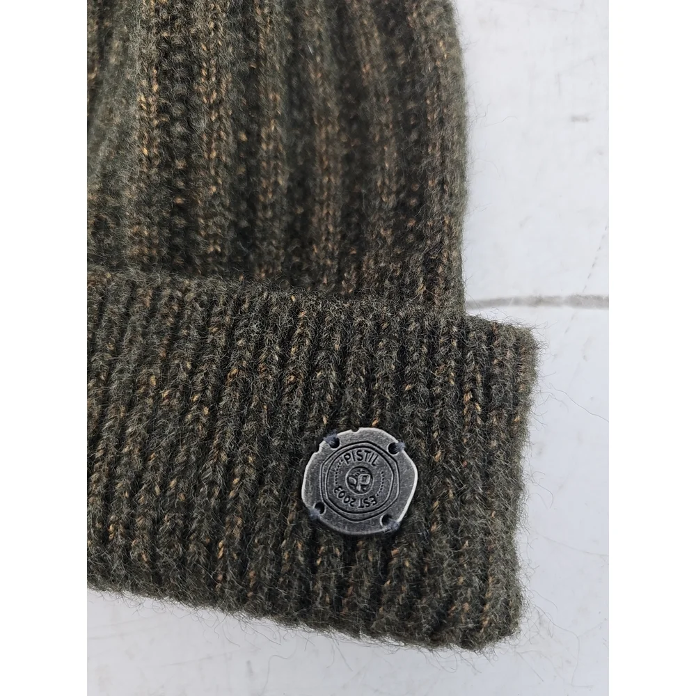 Pistil Piper Olive Green Ribbed Beanie with Faux Fur Pom